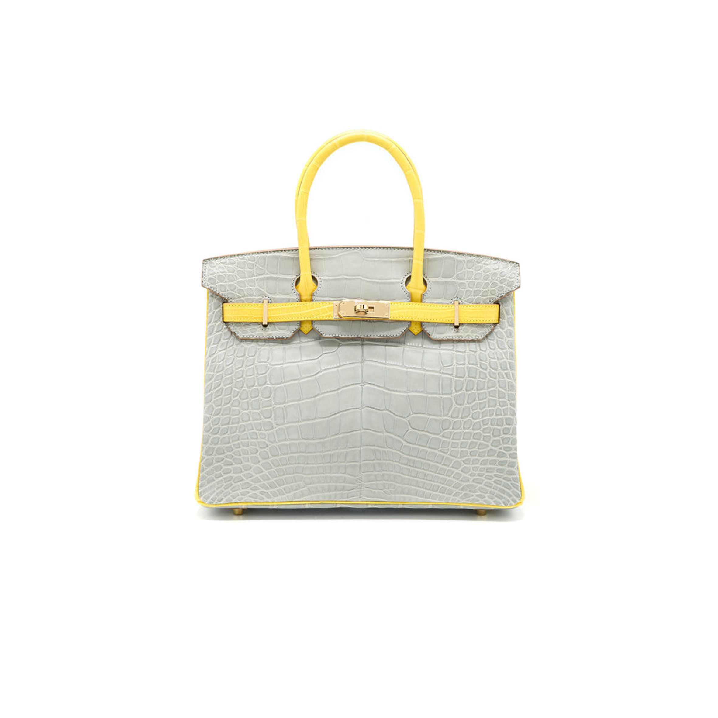 H**mes master birkin 25 crocodile leather pearl grey and yellow bag gold buckle h041354ck2s (25*20*13cm)